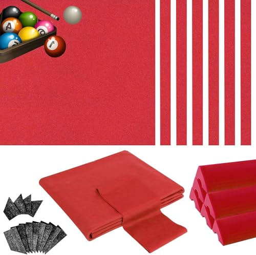 Podoy 8ft Pool Table Replacement Kit, Pool Table Bumpers (Set of 6) with Felt Cloth/Cushion Facings (Set of 12) for Billiard Rail Rubber Bumpers Home & Pro Use Billiard Rail & Pocket Accessories - color: NEW Red WITH CLOTH