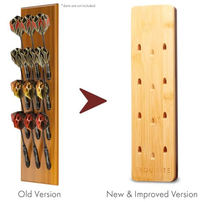 EXQUISITE Premium Craft-Handed Natural Bamboo Darts Holder - Wall Mounted Dart Caddy Display & Storage for 12 Soft & Steel Tip Darts, Precision Drilled, Protective Backing, Includes Mounting Kit