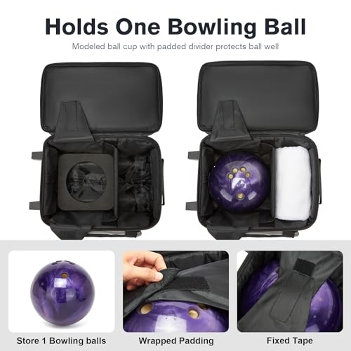 Bowling Ball Bag with Separate Shoe Compartment, Single Roller Bowling Bag with Wheels and Retractable Handle Extends to 37.0 Inches, Padded Foam Ball Insert, Gray (1 Ball Bowling)