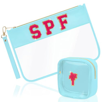 BuyCard Preppy Patch SPF Clear Cosmetic Bag Chenille Letter Makeup Pouch Transparent Nylon & PVC Travel Zipper Pouch Organizer Sunscreen Toiletry Bag Waterproof Summer Beach Gifts for Women Girls - color: Blue-SPF