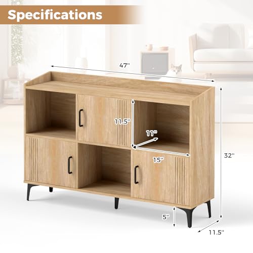 LOKO 47” Wide Storage Cabinet, Large Bookcase with 3 Door Cabinets & Open Shelves, Wood Buffet Cabinet, Sideboard with Anti-tip Kits, Freestanding Storage Cabinet for Living Room, Dining Room