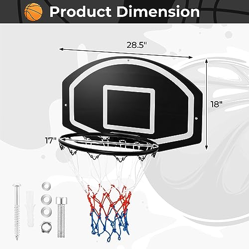 Goplus Wall Mount Basketball Hoop, 28.5’’ x 18’’ Large Backboard with 17’’ Rim, Shatter-Proof Backboard, All-Weather Net, Door Wall Mounted Indoor Outdoor Basketball Playset for Backyard