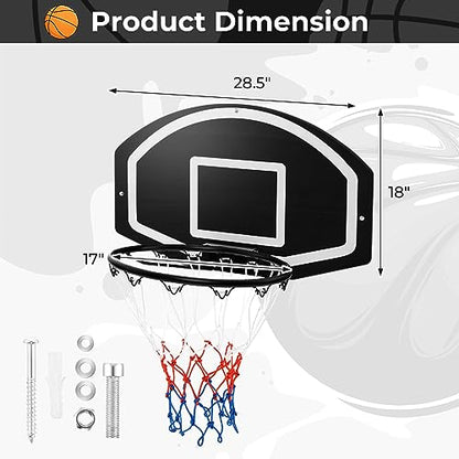 Goplus Wall Mount Basketball Hoop, 28.5’’ x 18’’ Large Backboard with 17’’ Rim, Shatter-Proof Backboard, All-Weather Net, Door Wall Mounted Indoor Outdoor Basketball Playset for Backyard