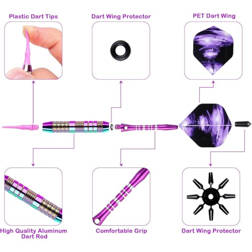 Soft Tip Darts Set - Darts Plastic Tip Sets, 3Pack Professional Plastic Tips Dart with Extra 12 Soft Tips and 6 Replace Dart Leaf for Beginners & Pro Players - color: Purple