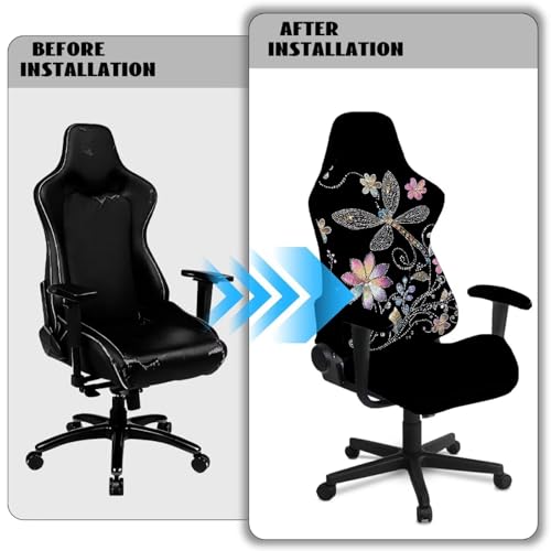 Suobstales Dragonfly Daisy Pattern Gaming Chair Covers Washable Cat Scratch Proof, Stretch Gaming Chair Seat Covers with Armrest Cover, Anti-Scratch Protection for Ergonomic Game Rotating Office Chair - color: Dragonfly Daisy