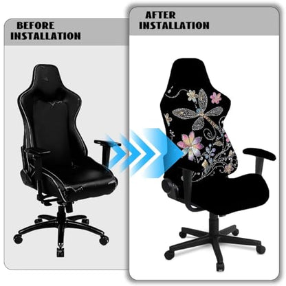 Suobstales Dragonfly Daisy Pattern Gaming Chair Covers Washable Cat Scratch Proof, Stretch Gaming Chair Seat Covers with Armrest Cover, Anti-Scratch Protection for Ergonomic Game Rotating Office Chair - color: Dragonfly Daisy