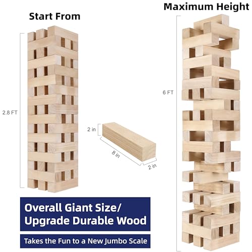 GOTHINK Giant Tumbling Tower Game, Super Large 51pcs Wooden Blocks Stacking Game, Stacking to Over 6 Feet, Jumbo Timber Blocks with Carry Bag, Jumbo Outdoor Indoor Game Toy Gift for Kids and Adults - size: G-Over 6FT