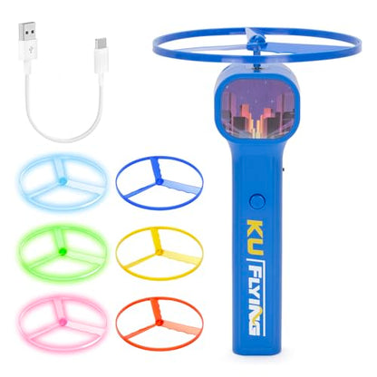 FunisFun Electric Disc Launcher with 6 Flying Spinners for Adults & Kids, Rechargeable Glow in The Dark Disc, Outdoor Fun Fidget Cat Fetch Toys for Pets Interactive Hunting