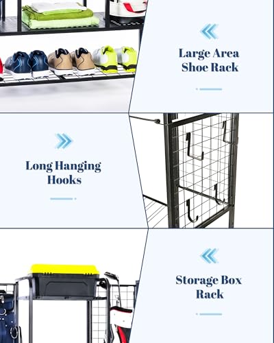 Mythinglogic Golf Bag Storage Rack with Wheels, Large Golf Organizer for Garage, Holds 2 Golf Bags, Golf Storage Stand with Shelves and Hooks for Shoes, Balls, Towels and Golf Accessories | large capacity, lockable casters, hold up to 2 golf bags