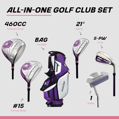 Precise M5 Women’s Golf Clubs Set – Complete Right-Handed Set with Titanium Driver, S.S. Fairway & Hybrid, 5-PW Irons, Putter, Stand Bag & Headcovers – Graphite Shafts – Purple – Petite/Standard/Tall - size: Right Hand Standard Size