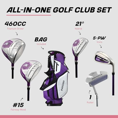 Precise M5 Women’s Golf Clubs Set – Complete Right-Handed Set with Titanium Driver, S.S. Fairway & Hybrid, 5-PW Irons, Putter, Stand Bag & Headcovers – Graphite Shafts – Purple – Petite/Standard/Tall - size: Left Hand Petite Size
