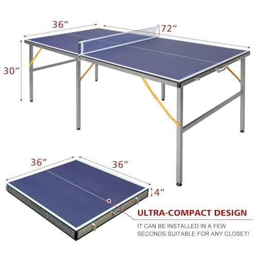 Mid-Size Table Tennis Table Foldable & Portable 6ft Ping Pong Table Set, 2 ping-Pong Bats and 3 Balls, Available Indoors and Outdoors
