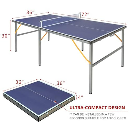 Mid-Size Table Tennis Table Foldable & Portable 6ft Ping Pong Table Set, 2 ping-Pong Bats and 3 Balls, Available Indoors and Outdoors