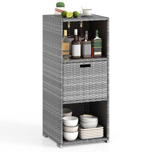 Tangkula Rattan Outdoor Storage Cabinet, Patiojoy Outdoor Wicker Cabinet with 3 Shelves, 1 Removable Drawer, Patio Storage Deck Box for Backyard Poolside Porch - color: Mix Gray, size: 19.5" x 19.5" x 43.5"