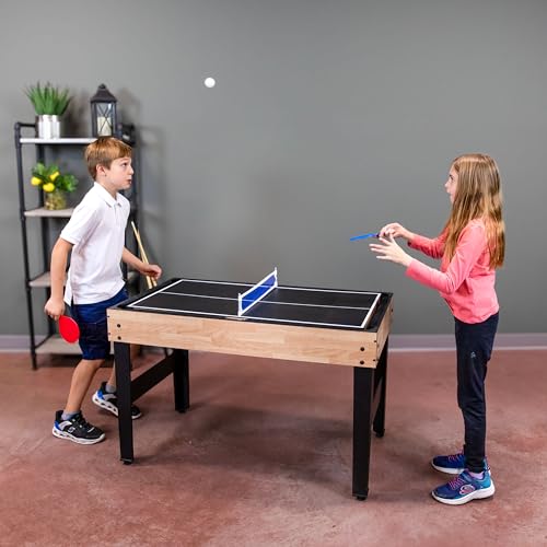 Sunnydaze 10-in-1 Game Table - Combination Multi-Game Table with Billiards, Push Hockey, Foosball, Ping Pong, Chess, Checkers, Backgammon, Bowling, Shuffleboard, Card Games - Classic Wood Stain