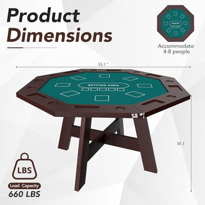 Octagonal Solid Wood Poker Table, 60 Inch 8-Player Casino Style Game Table with Built-in Cup Holders & Felt Playing Surface, Heavy-Duty for Home Game Room, Party & Entertainment