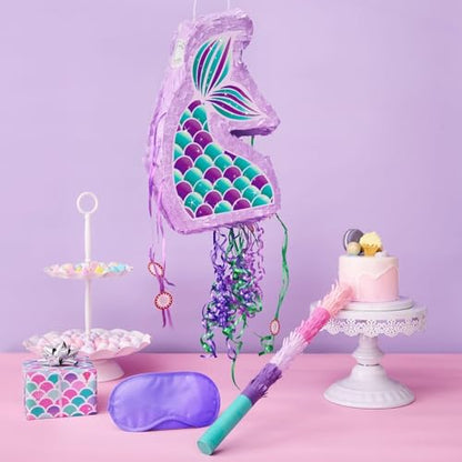 WERNNSAI Foldable Mermaid Piñata - Pull String Mermaid Birthday Party Supplies Mermaid with Blindfold Bat and Tassels Mermaid Party Decoration Games Folding Purple Mermaid Piñatas for Classroom Game - style: Mermaid-Fold