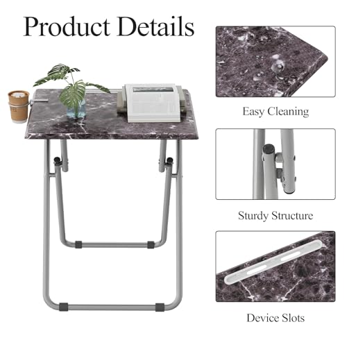 Folding TV Tray Table with Cup Holder, TV Dinner Table with Sturdy MDF Top, Eating Trays with Tablet Slot for Living Room, Bedroom, Sofa, 15 x 18.9 x 25.6 in (Black Marble, 2Pcs) - color: Black Marble, size: 2PCS