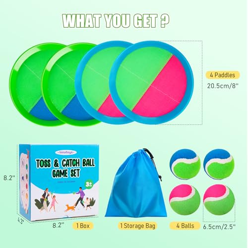 Toss and Catch Ball Game Set, 4 Paddles and 4 Balls Outdoor Paddle Catch Game for Kids, Backyard Beach Pool Yard Toy, Summer Birthday Gift for Boys Girls Ages 4-12 - color: Green Blue+pink Green