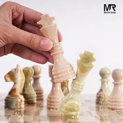 Marble Chess Pieces 3.5 Inch King Handmade Verona and Green Onyx 32 Chess Figures for Board Games, Suitable for Travel Games - color: Verona and Green Onyx