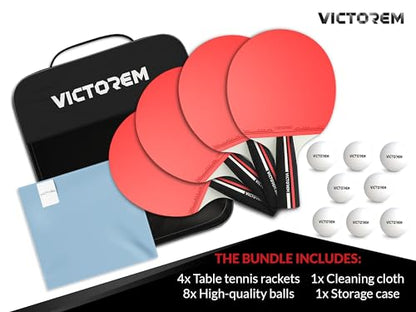 VICTOREM Table Tennis Paddles Set of 4 - Professional Ping Pong Paddles Set with Rubber & Ergonomic Handle for Enhanced Control & Spin - Speed & Control for Ultimate Performance with 8 Balls Included