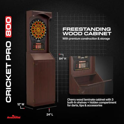Arachnid Freestanding Cabinet Set: Includes Cricket Pro 800 regulation board in a stylish cabinet with shelves. Offers 40 games, 8-player LED scoring, tri-color Cricket, and 6 darts
