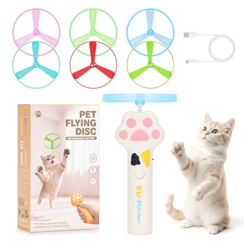 Cat Fetch Toy, Rechargeable Flying Disc Launcher with 6 Flying Discs, Cat Interactive Hunting Toys for Outdoor & Indoor (White) - color: White