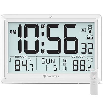 Atomic Clock Wall with Indoor/Outdoor Temp & 10.5" Large LCD Display, White | Battery Operated Digital Wall Clock, 330ft Range Desk Table Clock with Alarm, DST, Calendar for Living Room Bedroom Office - color: White