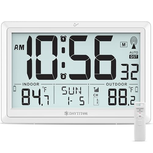 Atomic Clock Wall with Indoor/Outdoor Temp & 10.5" Large LCD Display, White | Battery Operated Digital Wall Clock, 330ft Range Desk Table Clock with Alarm, DST, Calendar for Living Room Bedroom Office - color: White