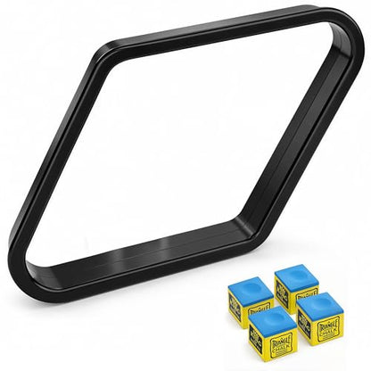 Black 9 Ball Triangle Rack with 4 Chalk Cubes, Standard 2-1/4" Pool Ball Diamond Rack Set, Durable Plastic Billiard Ball Rack and Premium Low-Dust Billiard Chalk, Complete Pool Table Accessories Kit