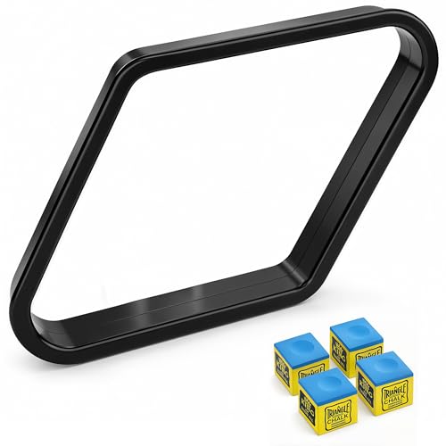 Black 9 Ball Triangle Rack with 4 Chalk Cubes, Standard 2-1/4" Pool Ball Diamond Rack Set, Durable Plastic Billiard Ball Rack and Premium Low-Dust Billiard Chalk, Complete Pool Table Accessories Kit