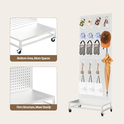 Eastern Tree Metal Pegboard Display Stand 2'x 5'with Base Plate, Pegboard Panels Display with Wheels, Peg Board Display Rack, Standing Pegboard Display with 30 Hooks - White - color: White