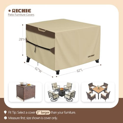 RICHIE Outdoor Patio Furniture Cover - Heavy Duty Waterproof 600D Tough Canvas Protector for Square Table Cover, All-Season Dining Table and Chair Cover (62L x 62W x 28H Inch) - size: Square- 62"(L)x62"(W)