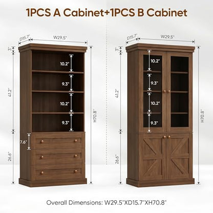 Vyre 71" Tall Farmhouse Bookshelves with Glass Doors and Drawers, Set of 2 – Large Modular Bookcase with Adjustable Shelves, Storage Cabinet for Living Room, Kitchen, Dark Brown - color: Dark Brown