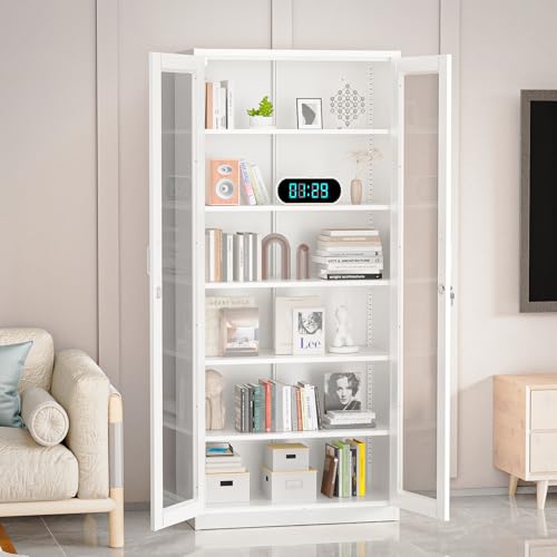 VINGLI Lockable Display Cabinet with Glass Doors & 5 Adjustable Shelves, 71" Tall White Metal Storage Cabinet Curio Liquor, Bookshelf Bookcase for Home Office Living Room Pantry Garage - color: White, size: 71'' Glass Door Cabinet (HD Tempered)