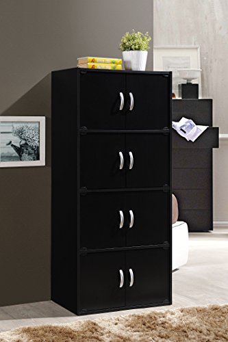 Hodedah HID44 8 Door 4 Shelf Modern Wooden Heavy Duty Floor Mount Multipurpose Storage Bookcase Cabinet with Installation Hardware, Black