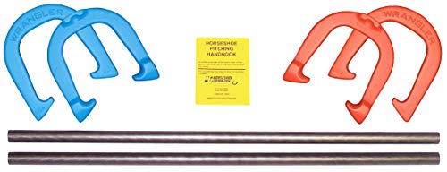 Wrangler Pro Pitching Horseshoes- Made in The USA - color: Red & Blue- Complete Game Set (4 shoes, 2 stakes & rule book)