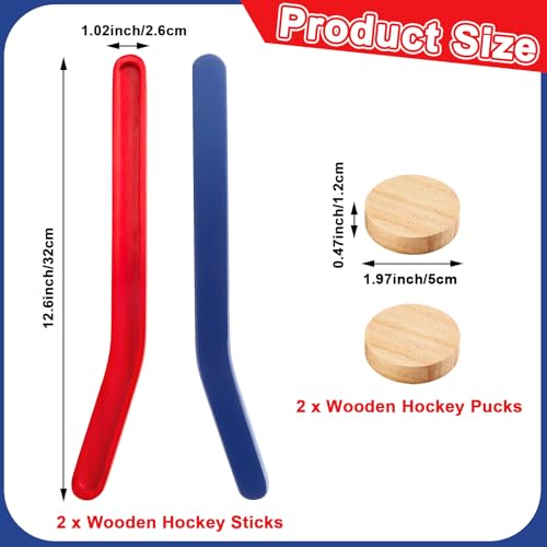 2 Sets Wooden Replacement Hockey Sticks and Pucks for Classic Wooden Tabletop Games Hockey Games Equipment Set Extra Accessories for Kids Children Adults Family - color: Red,Blue