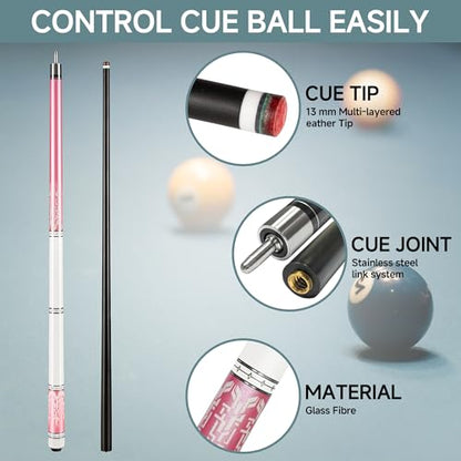HomeSeason Fiberglass Pool Cue 58" Professional Pool Stick 12.7mm 4-Layer Tip Low Deflection Cue Stick, 3 * 8/8Joint Pin, Ultra-Smooth, Billiard Cue Sticks - color: Pink/19oz