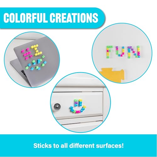 KOMARC GAMES StickiKubes, Mini Stacking Cubes that Stick to Anything, Non Toxic Kid Safe Sticky Blocks, Creative Construction Toy - 125 Cubes, 5 Neon Colors, Tub
