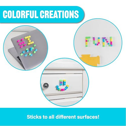 KOMARC GAMES StickiKubes, Mini Stacking Cubes that Stick to Anything, Non Toxic Kid Safe Sticky Blocks, Creative Construction Toy - 125 Cubes, 5 Neon Colors, Tub