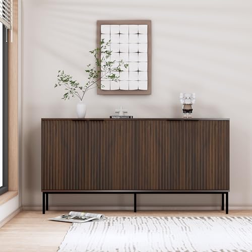 Fluted Sideboard, Buffet Cabinet with Storage, Wooden Accent Console Cabinet with Doors and Adjustable Shelves, for Living Room, Dining Room, Entryway, Hallway, 63" - color: Dark Brown, size: 4 doors