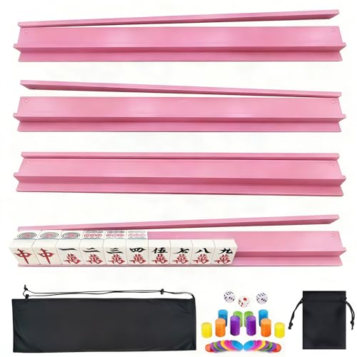 4 PCS Mahjong Racks with Pushers, Pink Wooden Mahjong Racks with Detachable Magnetic Pushers, Mahjong Tile Pushers and Racks, Includes Chips, Dice & Storage Bags, Mahjong Accessories (19.68 Inch) - color: Pink