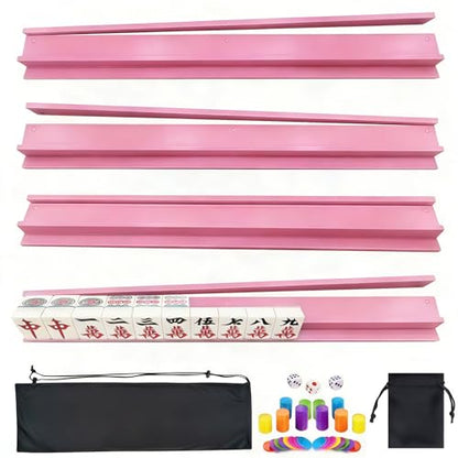 4 PCS Mahjong Racks with Pushers, Pink Wooden Mahjong Racks with Detachable Magnetic Pushers, Mahjong Tile Pushers and Racks, Includes Chips, Dice & Storage Bags, Mahjong Accessories (19.68 Inch) - color: Pink