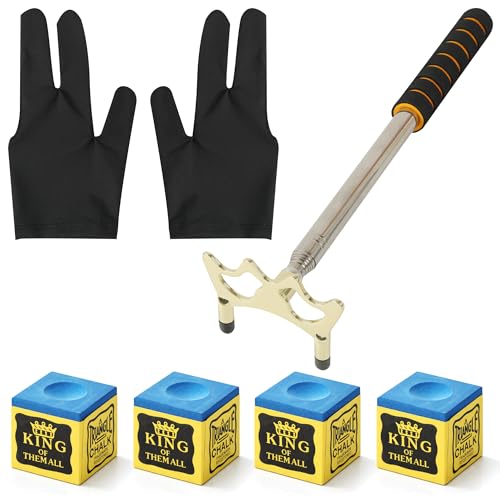 Pool Cue Bridge Head Kit with 2 Billiard Gloves & 4 Cue Chalks – Complete Billiards Accessory Set for Pool Tables, Smooth Stroke Gloves, Premium Cues Chalk, Universal Bridge Head for Precise Shots