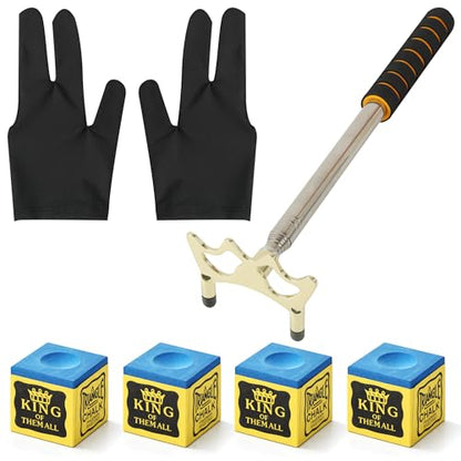 Pool Cue Bridge Head Kit with 2 Billiard Gloves & 4 Cue Chalks – Complete Billiards Accessory Set for Pool Tables, Smooth Stroke Gloves, Premium Cues Chalk, Universal Bridge Head for Precise Shots