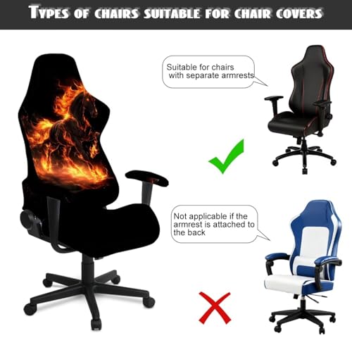4Pcs Elastic Gaming Chair Slip Cover Set Fire Horse Print Game Chair Cover with Armrest Covers Skin Friendly Breathable, Machine Washable - color: Black and Orange - Fire Horse