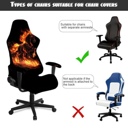 4Pcs Elastic Gaming Chair Slip Cover Set Fire Horse Print Game Chair Cover with Armrest Covers Skin Friendly Breathable, Machine Washable - color: Black and Orange - Fire Horse