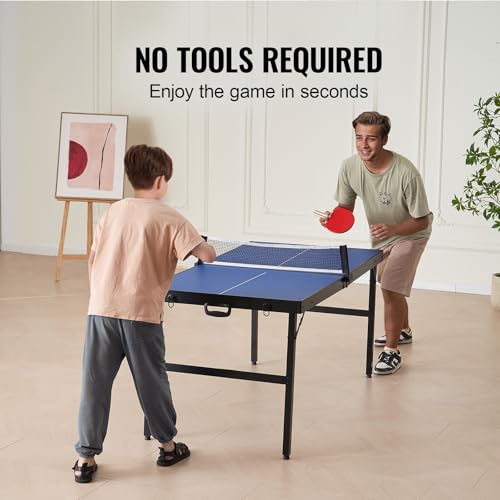 Happybuy Ping Pong Table, Mid-Size Table Tennis Game, Indoor MDF Table Tennis Table, Foldable Portable Complete Set with Net, 2 Paddles, 3 Balls, Carry Bag, Handle (No Assembly Required)