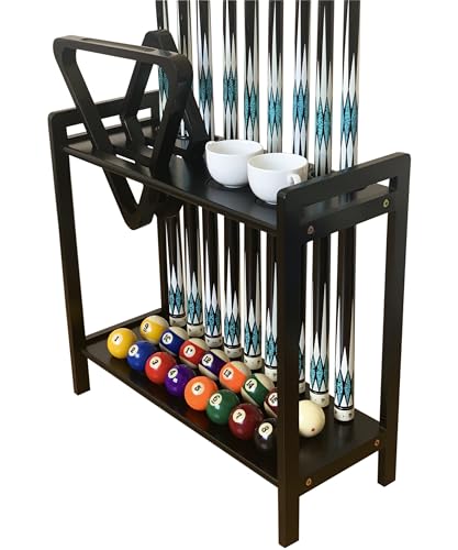 Pool Stick Holder Floor Stand Holds 9 Cues & Pool Table Accessories. Wooden 2-Tier Cue Stick Storage with Ball Rack Hangers, Billiard Cone Chalk Holder or Drink Pads - color: Black
